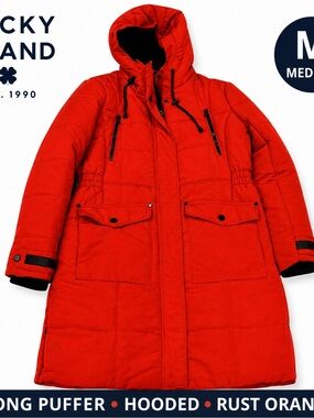 Lucky Brand Long Puffer Coat Hooded Rust Orange Medium Winter Parka Jacket
